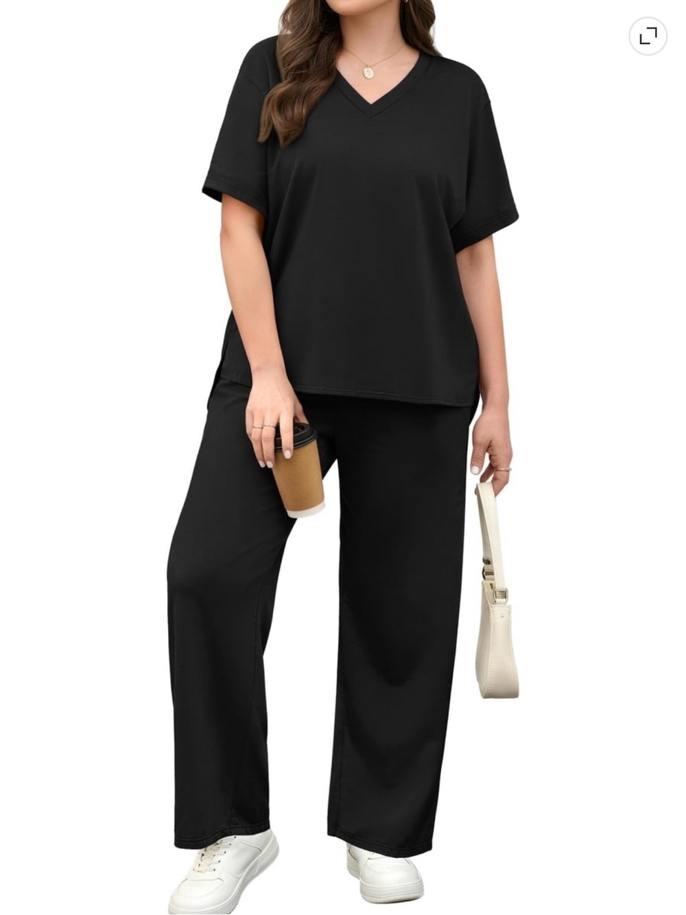 Women’s Black V-Neck Top, Wide Leg Pant Lounge Set - 2XL